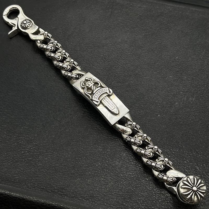 Chrome Hearts Silver Tone Chain Bracelet with Floral and Sword Design